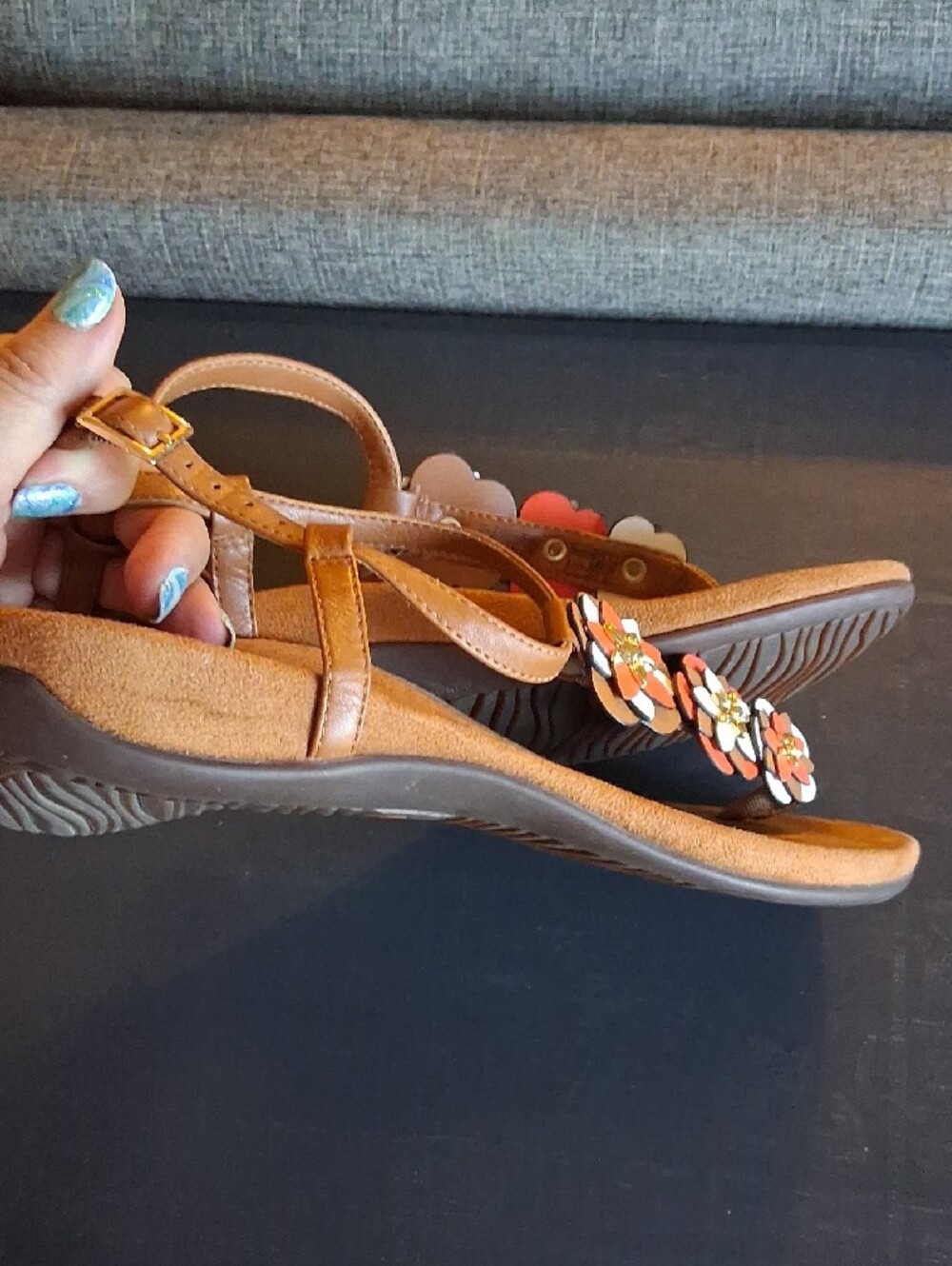 Vionic Brown Paulie T-Strap Sandals with Coral and White Floral Accents - Picture 8 of 14